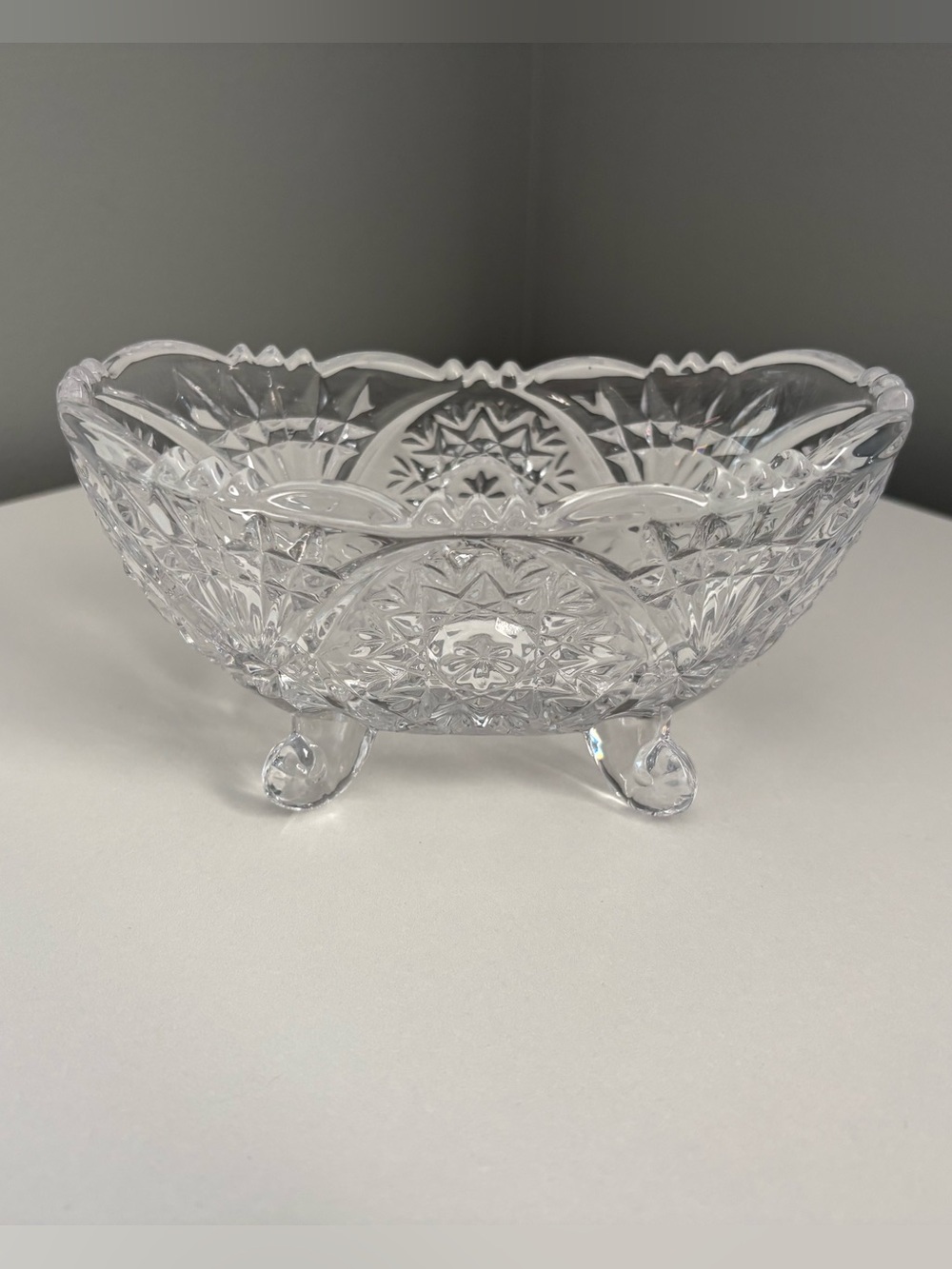 Vintage Anna Hutte Bleikristall Lead Crystal Footed Oblong Bowl Snowflake Floral